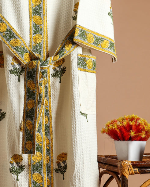 Marigold Buta Hand Block Print Cotton Bathrobe (BROB06)
